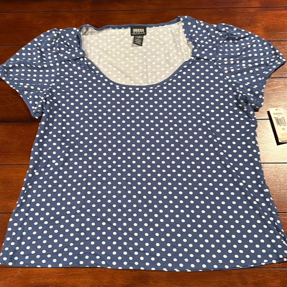 NWT Baranda Woman Stretch Slate Blue White Polka Dot scoop neck Top 1X Canada